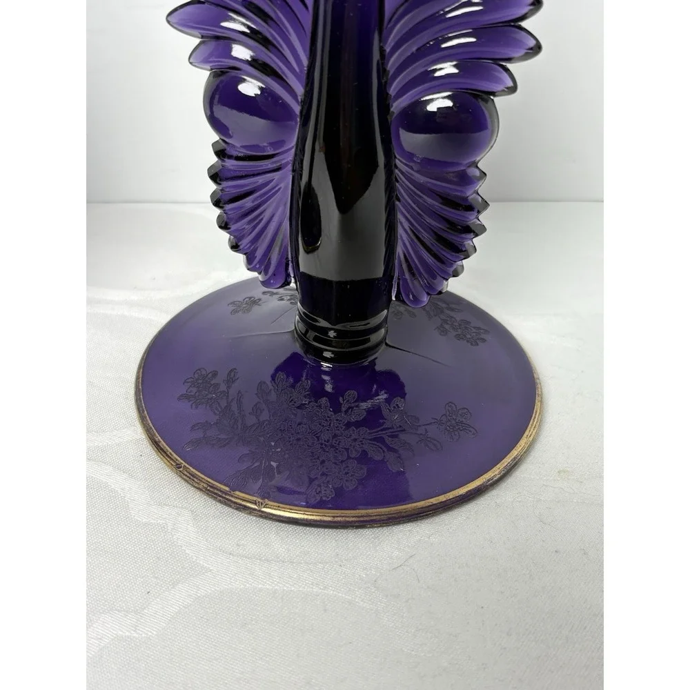 2 VTG Paden City Purple Amethyst Glass Art Deco Candlesticks Maya Ardith Etching